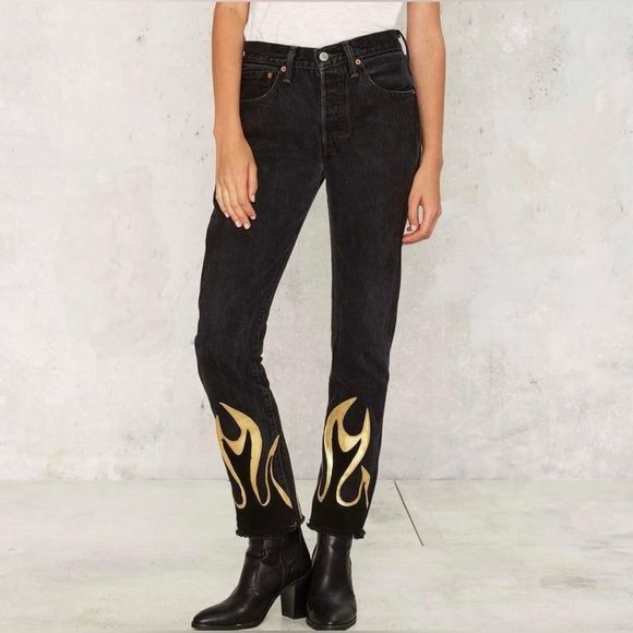 After Party Leather Flame Levi's 505 Jeans woman’s Sz 30 High Rise Vintage - Picture 1 of 11